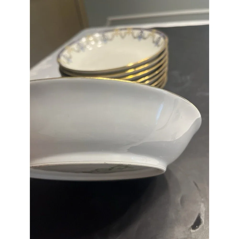 c1920’s Jean Pouyat Limoges Blue Ribbon Floral Garland Gold Rim 7.5” Soup Bowls